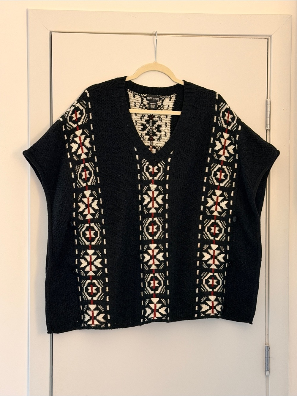 Wet Seal Black V-Neck Sweater Vest (Poncho-like) with White and Red Pattern